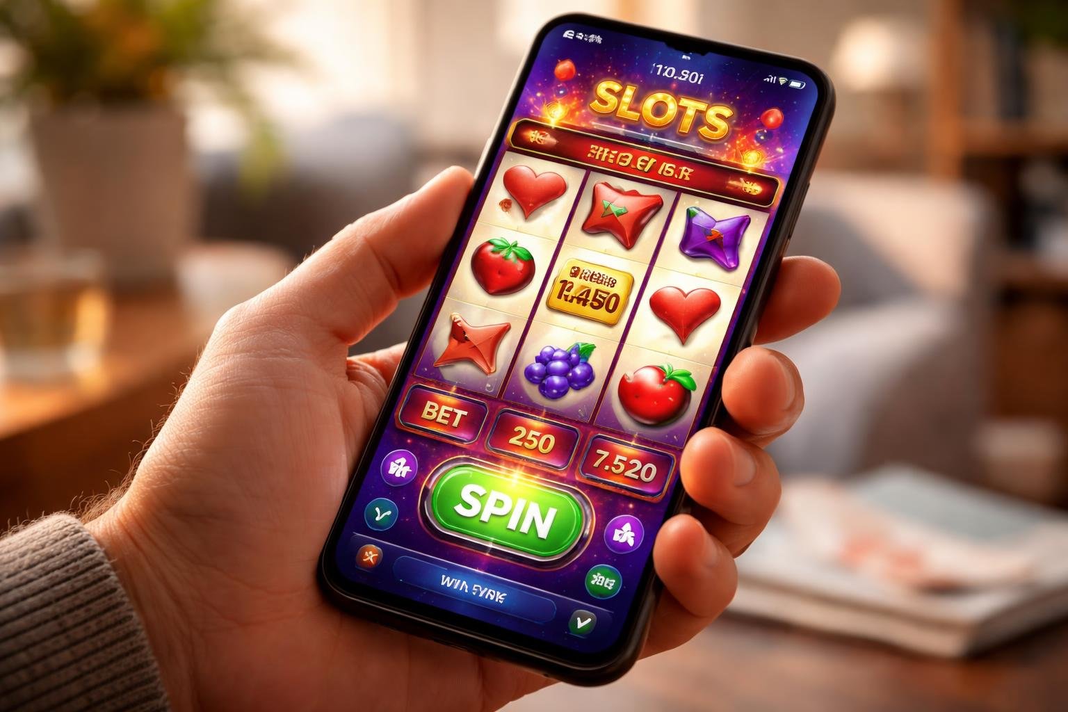A person holding a smartphone showing a colorful mobile slot game on the screen in a cozy indoor setting.