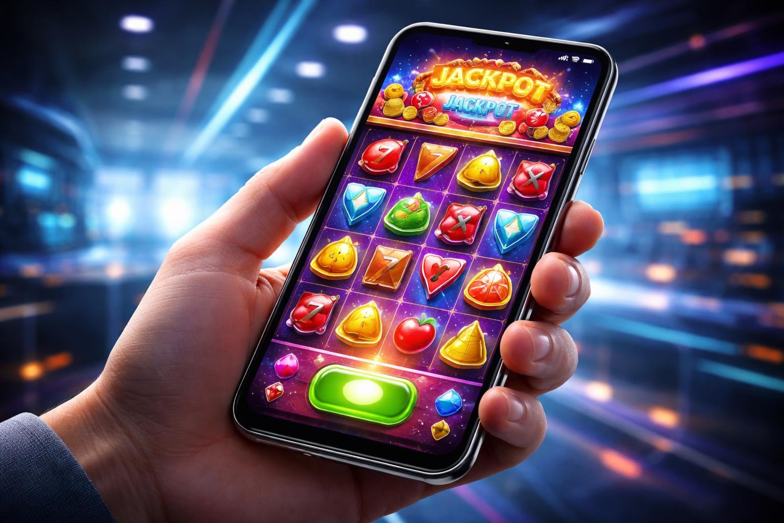 A hand holding a smartphone showing a colorful mobile slots game with spinning reels and bright symbols.