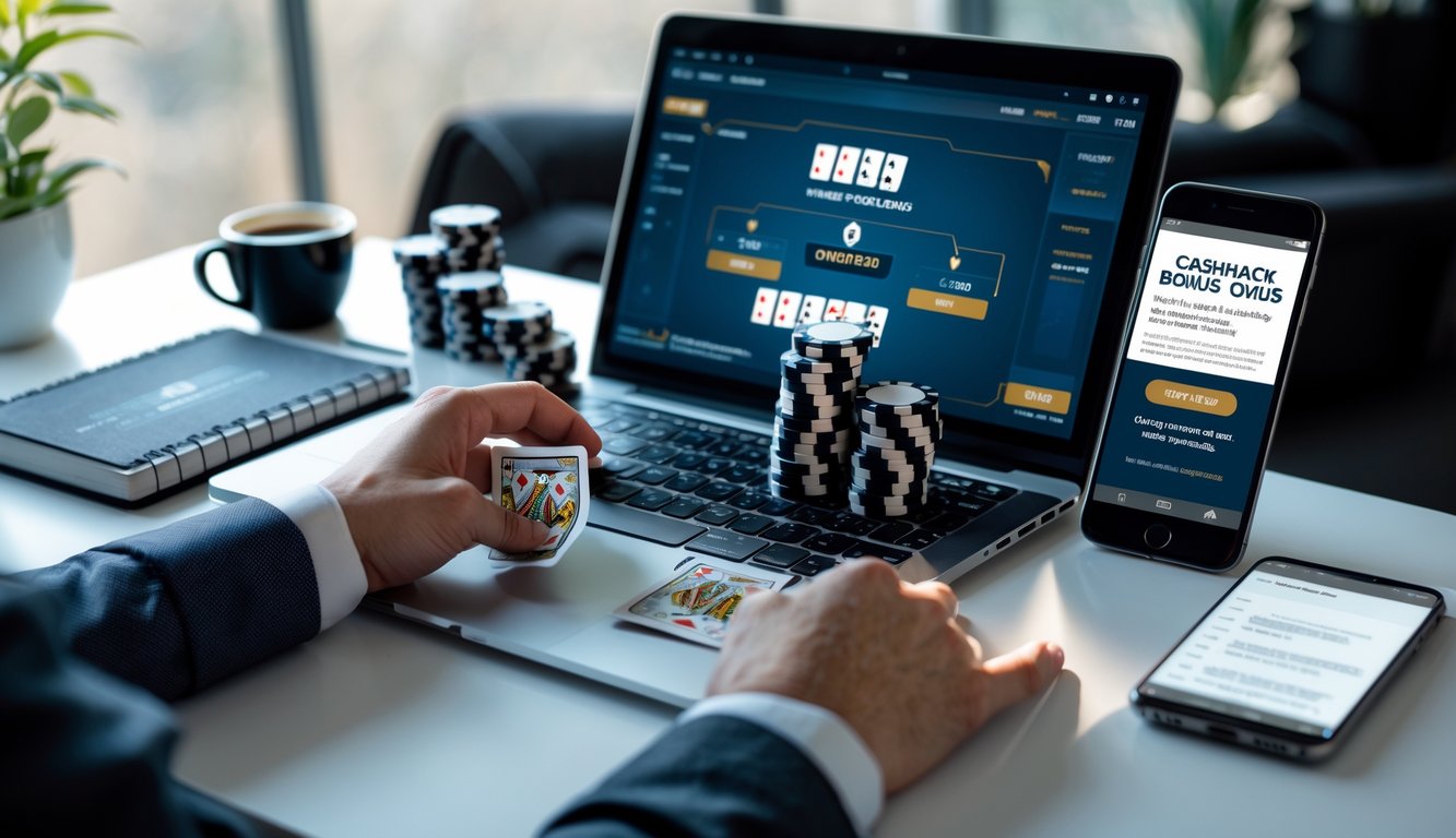 Seorang pemain poker online sedang memegang kartu di depan laptop dengan tumpukan chip poker dan notifikasi bonus cashback di layar ponsel di meja kerja.