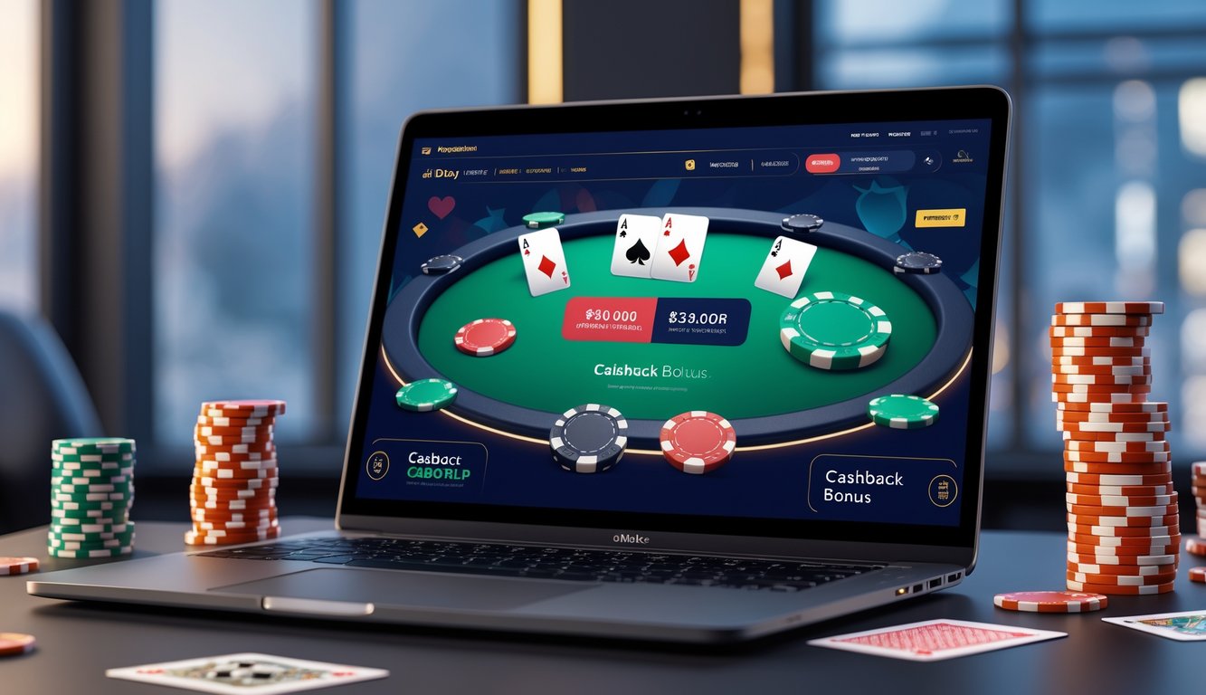 Seorang pemain poker online sedang bermain di komputer dengan kartu dan chip poker di meja, menunjukkan suasana permainan dan kesempatan mendapatkan cashback setiap hari.