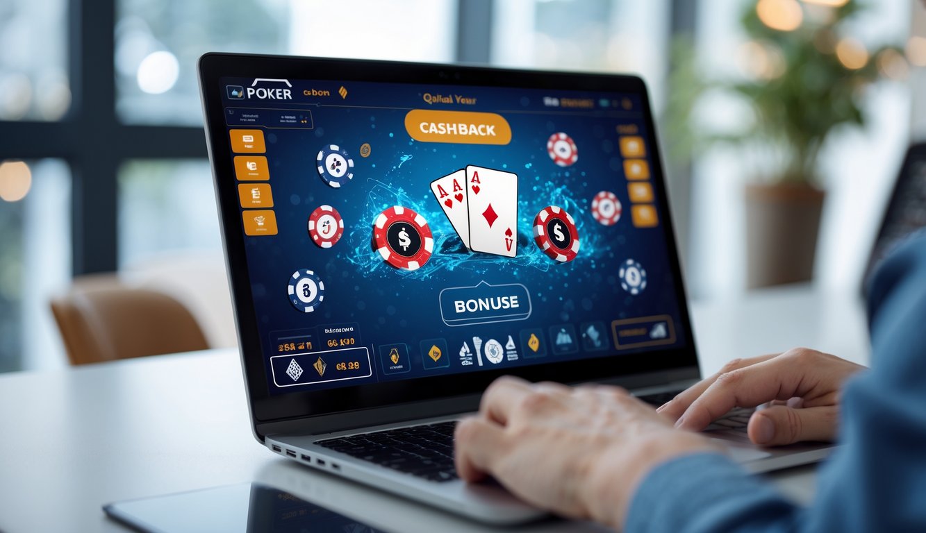 Tangan seseorang bermain poker online di depan layar komputer dengan chip dan kartu poker terlihat.
