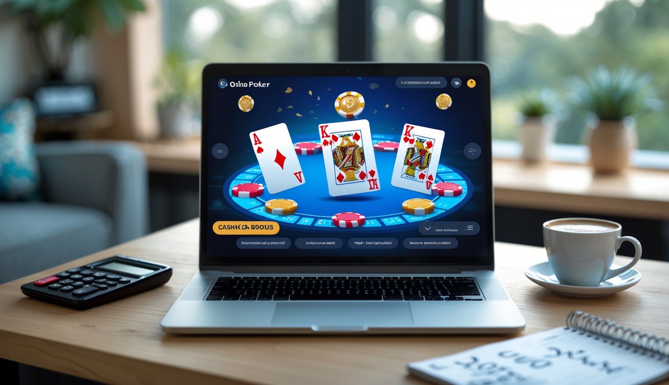 Seorang pemain duduk di depan komputer yang menampilkan permainan poker online dengan chip dan kartu di layar, di atas meja terdapat catatan dan alat tulis, suasana nyaman di ruang kerja.