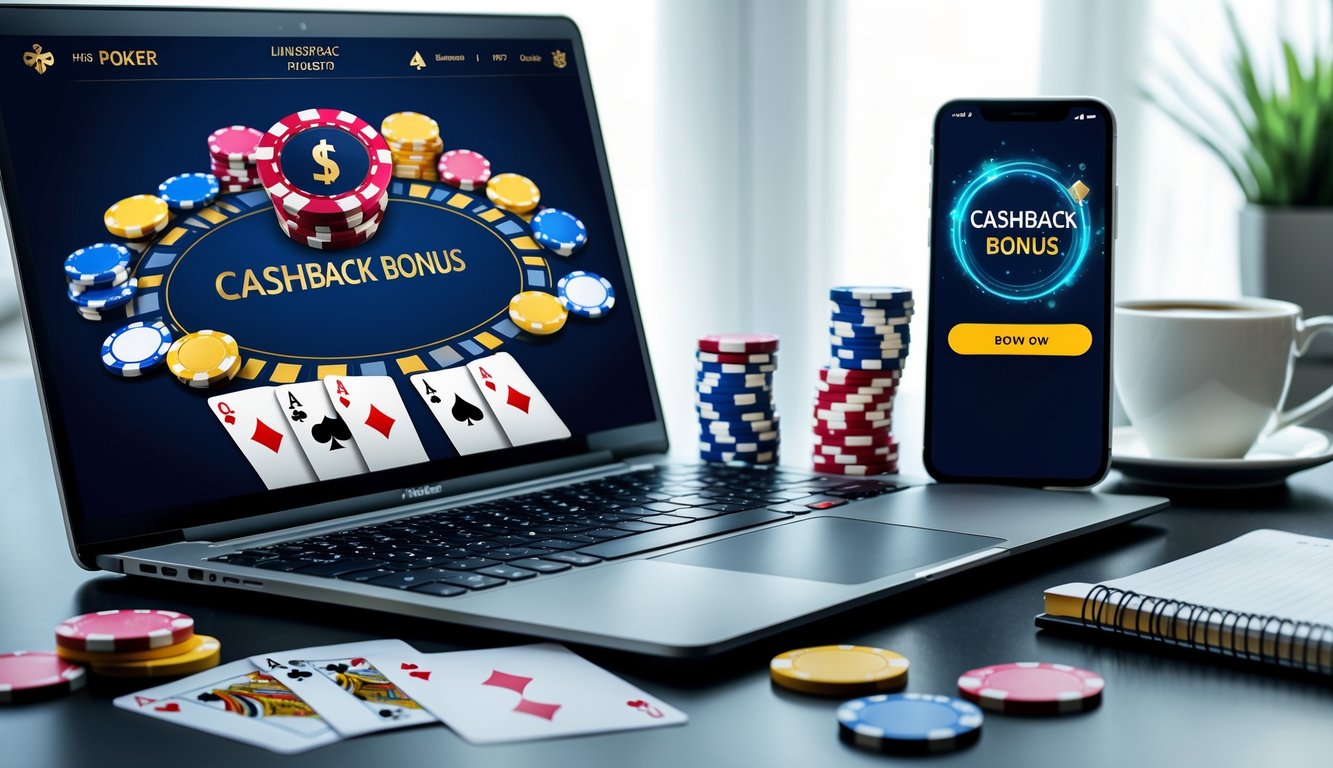 Seorang pemain poker online menggunakan laptop dengan chip poker dan kartu di meja, serta ponsel yang menampilkan notifikasi bonus cashback.
