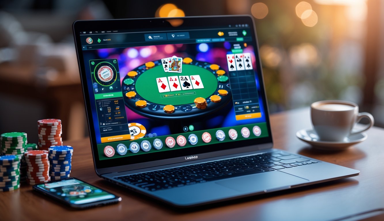 Seorang pemain poker online menggunakan laptop dengan chip poker dan kartu di meja kayu, suasana nyaman dan fokus.