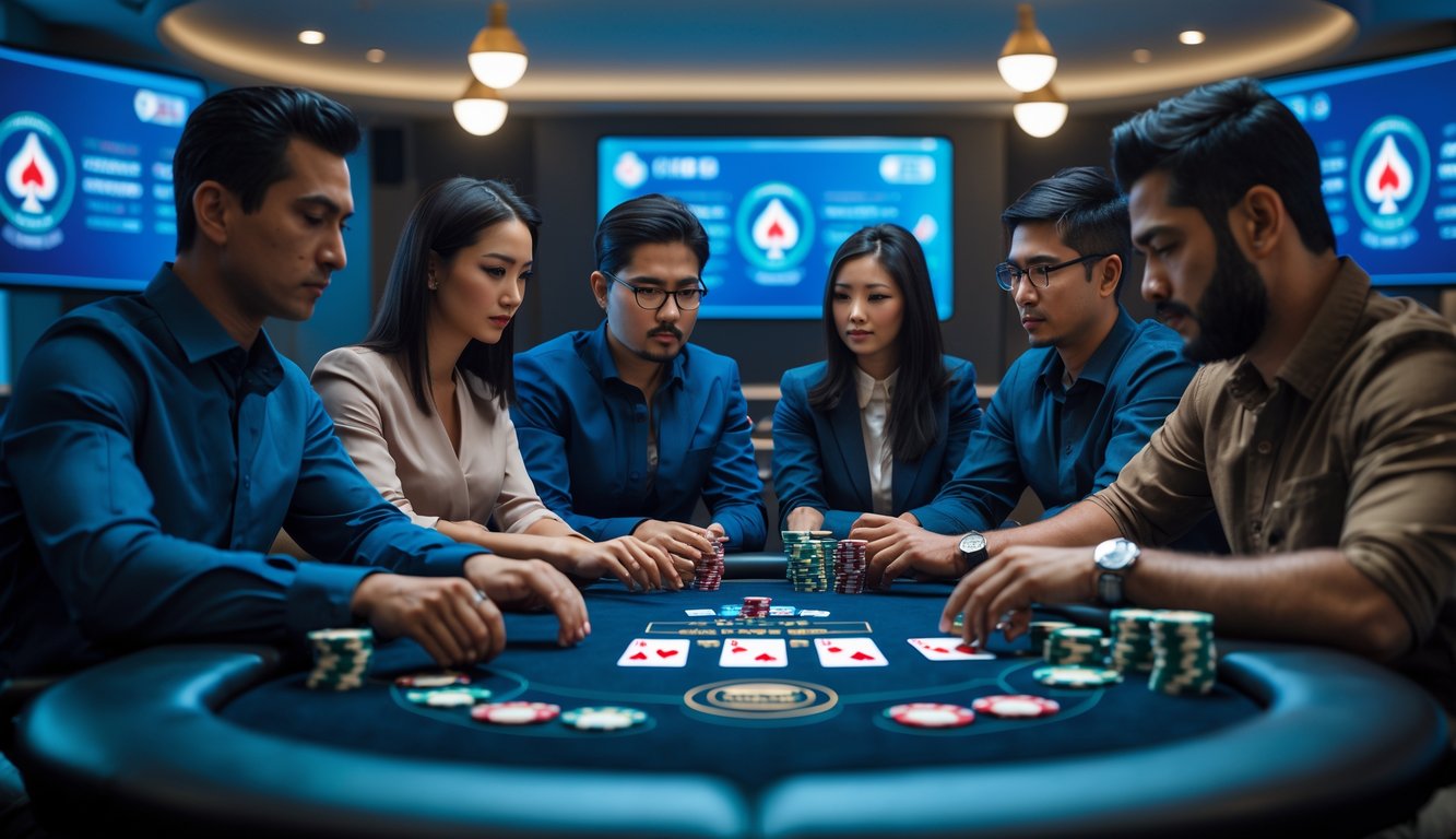 Sekelompok orang dewasa bermain poker online di meja digital dengan tampilan kartu dan chip virtual di layar komputer.
