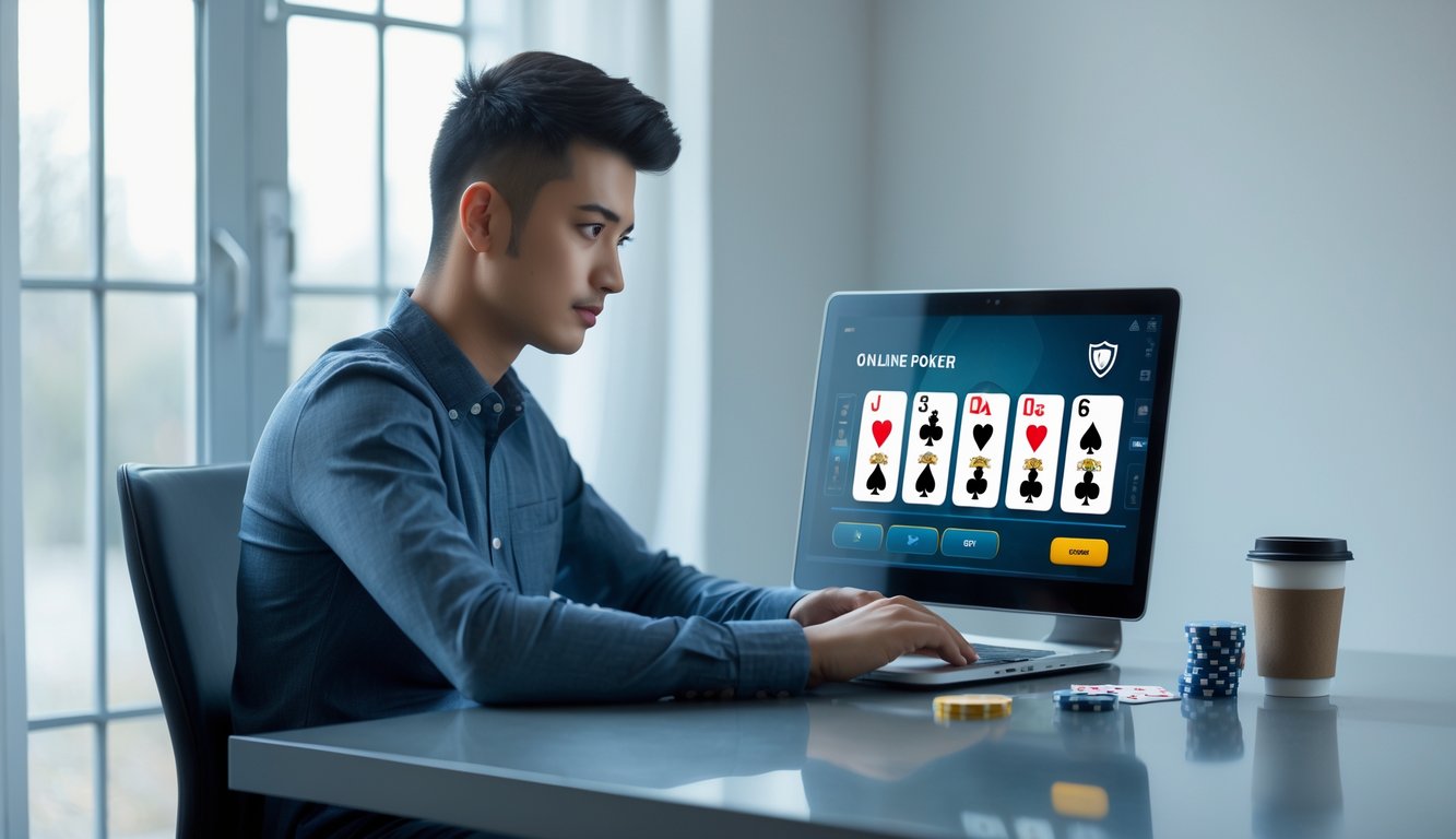 Seorang dewasa muda duduk di depan laptop dengan layar permainan poker online, di meja terdapat chip poker dan kartu bermain, suasana ruangan terang dan rapi.
