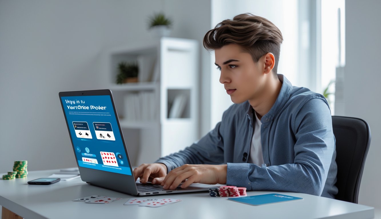 Seorang dewasa muda duduk di meja dengan laptop, bermain poker online di lingkungan kantor rumah yang rapi dan terang.