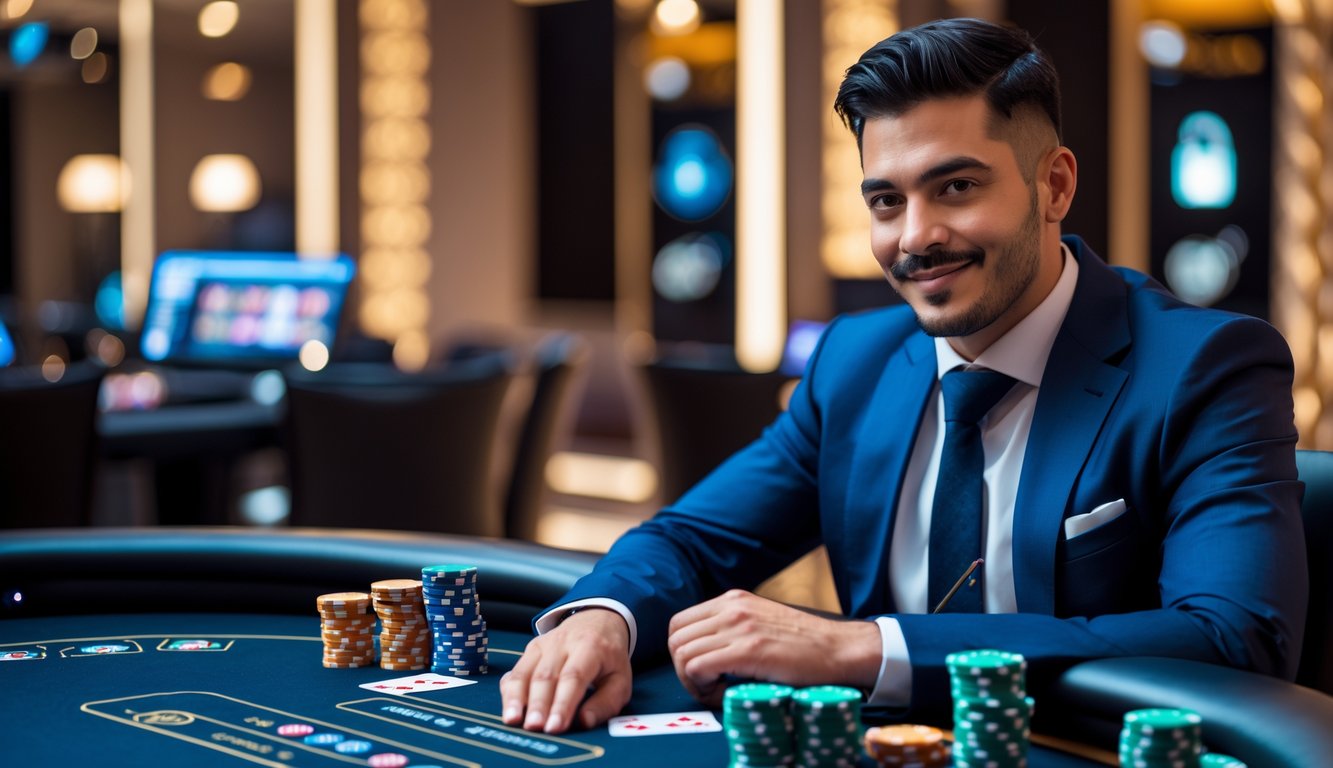 Seorang pria percaya diri duduk di meja poker dengan chip dan kartu, di lingkungan kasino modern yang aman dan profesional.