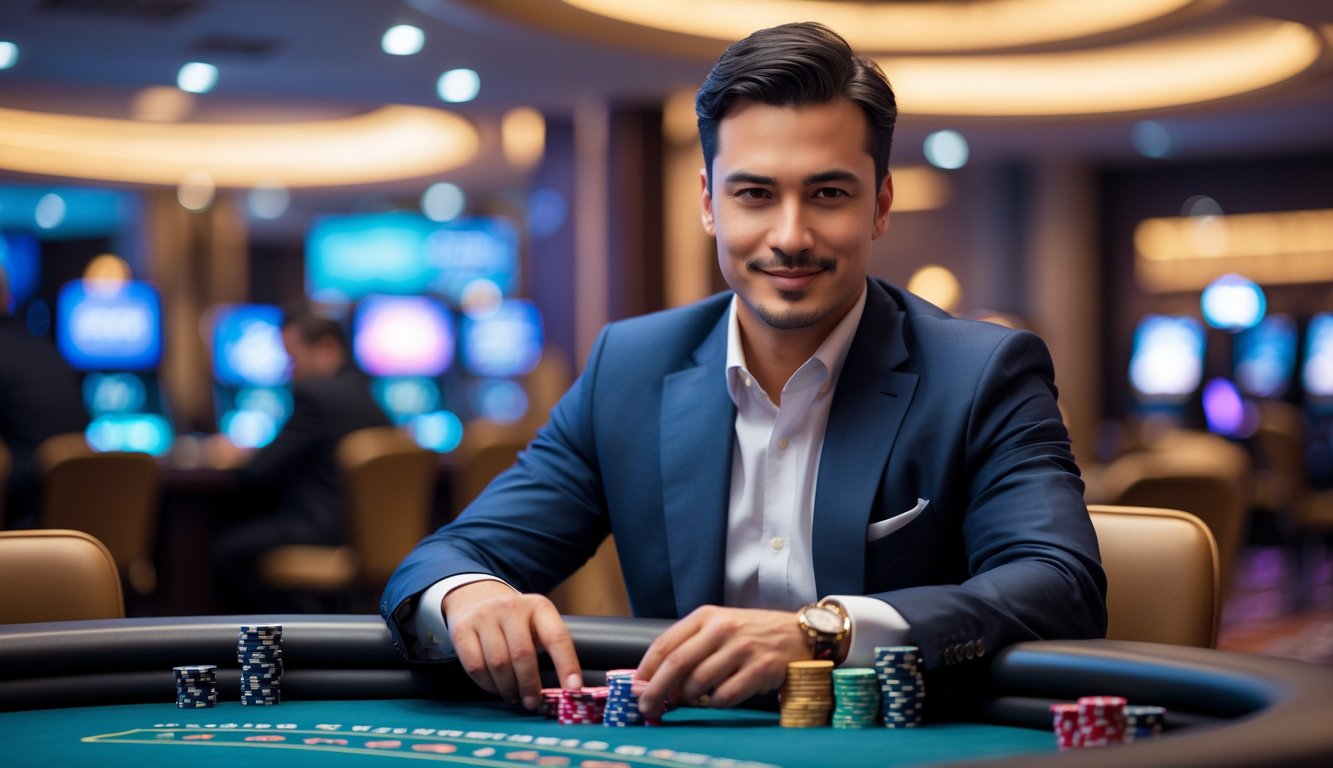 Seorang pria percaya diri duduk di meja poker dengan kartu dan chip di tangan di dalam kasino modern.