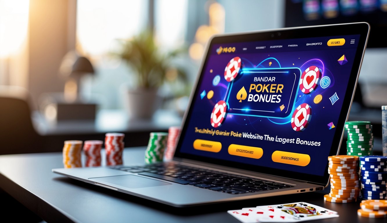 Seorang pemain menggunakan laptop dengan permainan poker online terbuka di layar, dikelilingi oleh tumpukan chip poker dan kartu di atas meja.