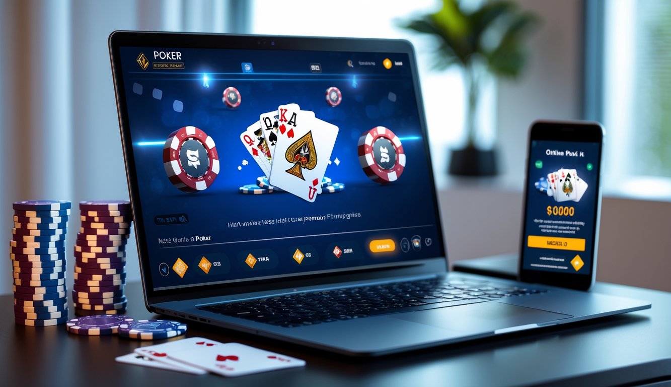 Sebuah meja dengan komputer yang menampilkan permainan poker online, dikelilingi oleh chip poker dan kartu bermain, di ruangan yang rapi dan terang.