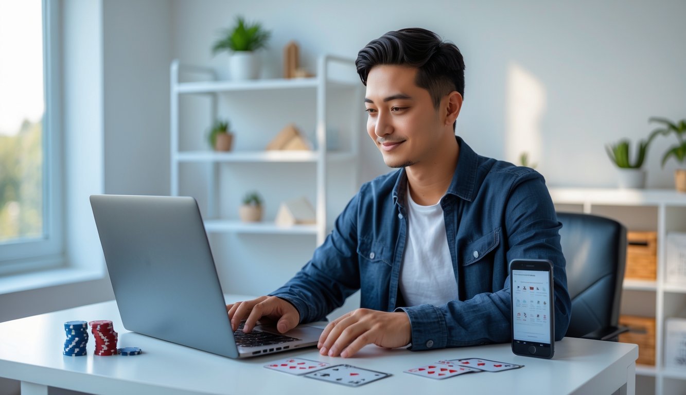 Seorang dewasa muda duduk di meja dengan laptop, menggunakan aplikasi poker online di ruang kerja yang terang dan rapi.