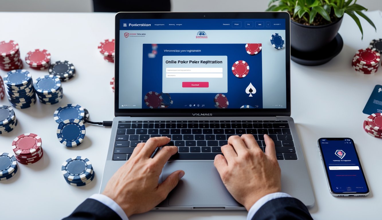 Tangan seseorang sedang mengetik di laptop dengan situs poker online terbuka, dikelilingi chip poker dan kartu remi di atas meja.