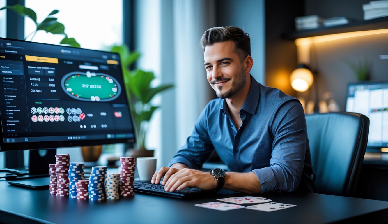 Seorang pria duduk di meja dengan komputer menampilkan permainan poker online dan tumpukan chip poker, terlihat fokus dan percaya diri.