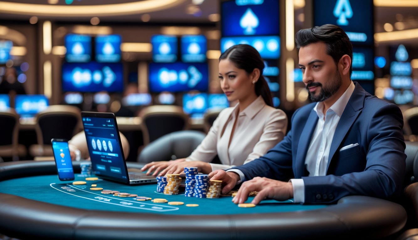 Dua orang dewasa bermain poker online dengan laptop dan ponsel di meja poker di lingkungan kasino modern.