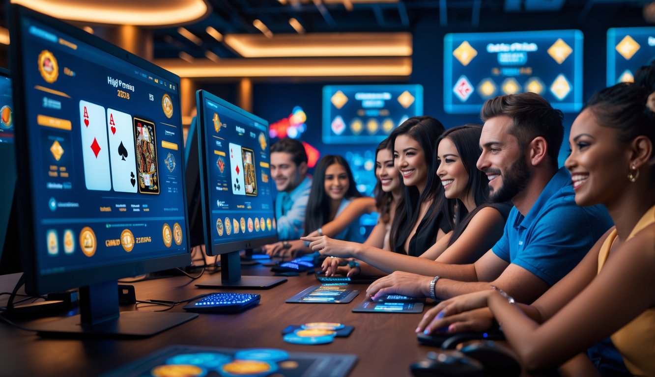 Beberapa orang bermain poker online di depan komputer dengan tampilan permainan kartu dan chip digital, suasana modern dan profesional.