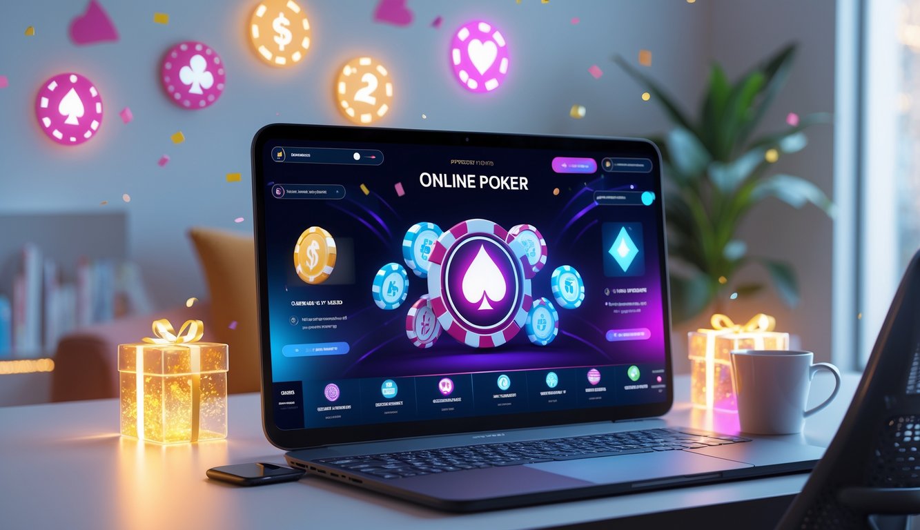 Sebuah meja kerja modern dengan komputer menampilkan permainan poker online dan simbol bonus digital di sekitarnya.