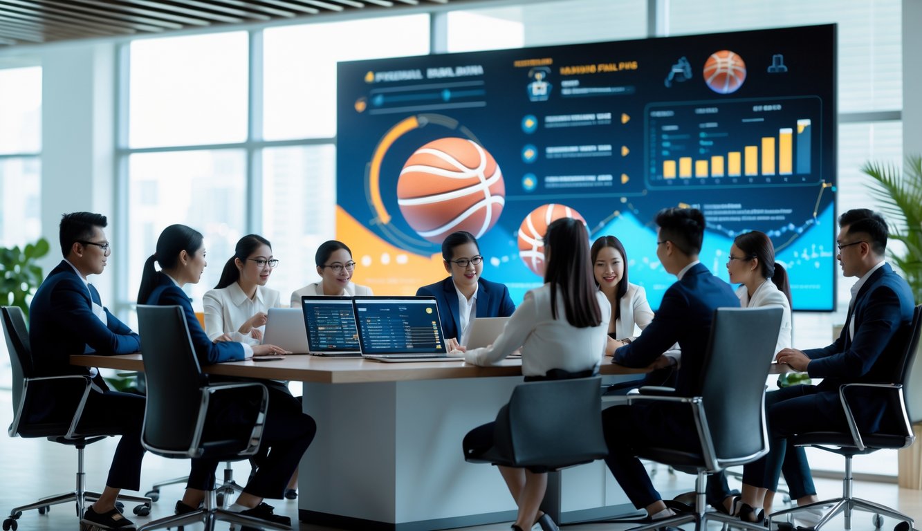 Sekelompok profesional muda Indonesia sedang berdiskusi di ruang kantor modern dengan perangkat digital dan grafik bola basket di layar besar.