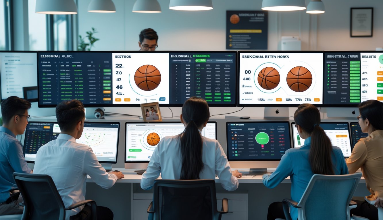 Beberapa orang sedang bekerja di kantor modern dengan layar komputer menampilkan statistik dan data basket, fokus pada aktivitas taruhan basket yang terpercaya.