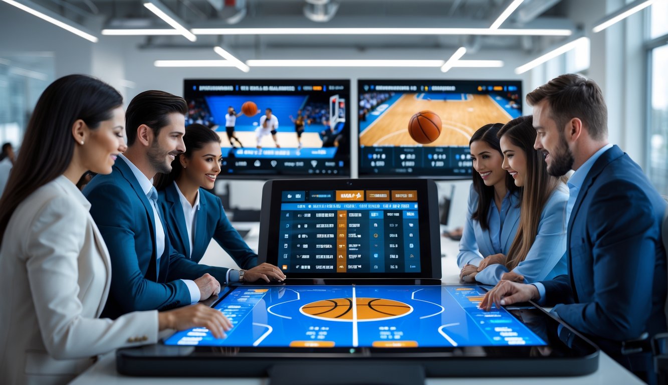 Sekelompok orang profesional sedang bekerja bersama di kantor modern dengan layar digital menampilkan data taruhan bola basket.