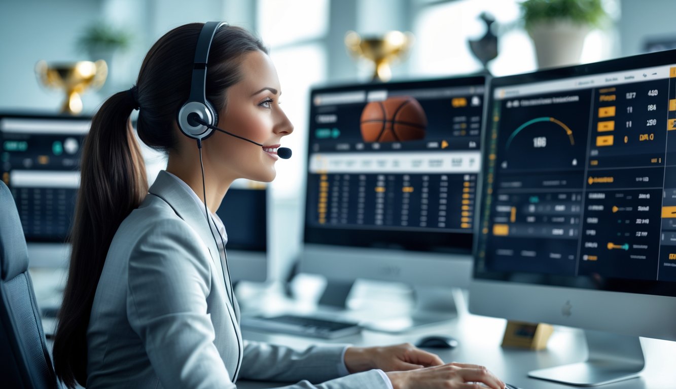 Seorang petugas layanan pelanggan profesional di kantor modern dengan layar komputer menampilkan statistik dan pertandingan basket secara langsung.