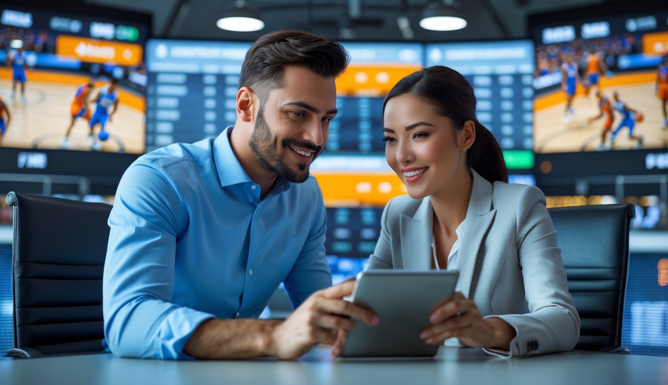 Seorang pria dan wanita berdiskusi di kantor modern dengan layar besar yang menampilkan pertandingan basket langsung.
