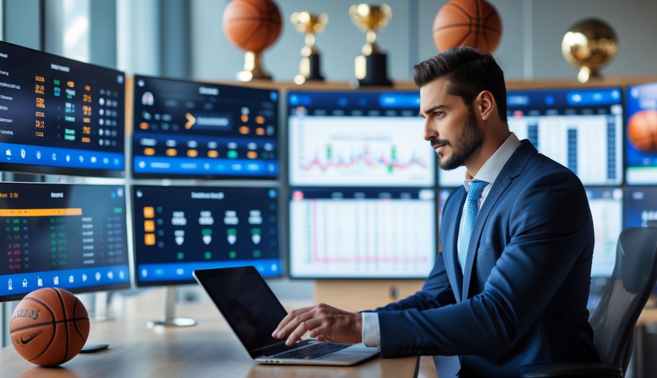 Seorang pria berpakaian rapi sedang menganalisis statistik pertandingan basket di layar digital di dalam kantor modern.