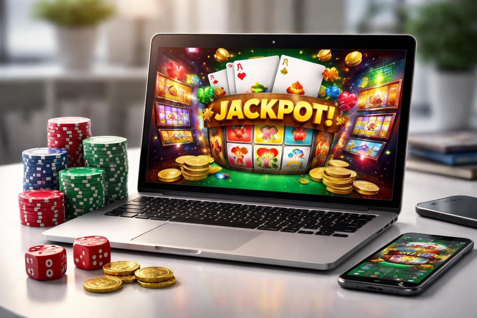 A laptop showing an online casino game with poker chips, dice, and a smartphone on a desk.