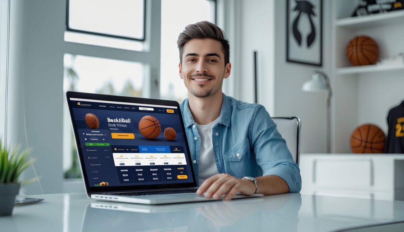 Seorang pria muda duduk di depan laptop di ruang kerja yang terang dengan dekorasi bola basket, tampak fokus dan santai menggunakan situs taruhan bola basket online.