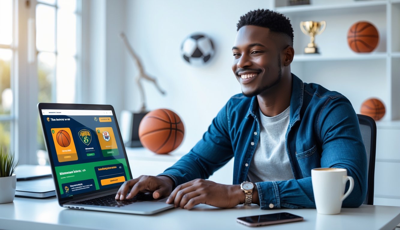 Seorang pria muda duduk di meja dengan laptop yang menampilkan situs bertema bola basket, terlihat fokus dan tersenyum di ruangan kantor yang terang.