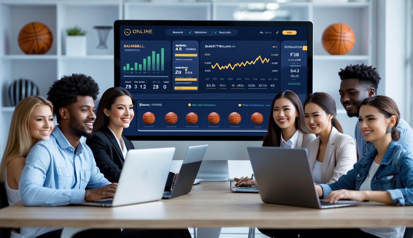 Sekelompok orang muda yang percaya diri sedang menggunakan perangkat elektronik untuk taruhan bola basket di sebuah kantor modern.