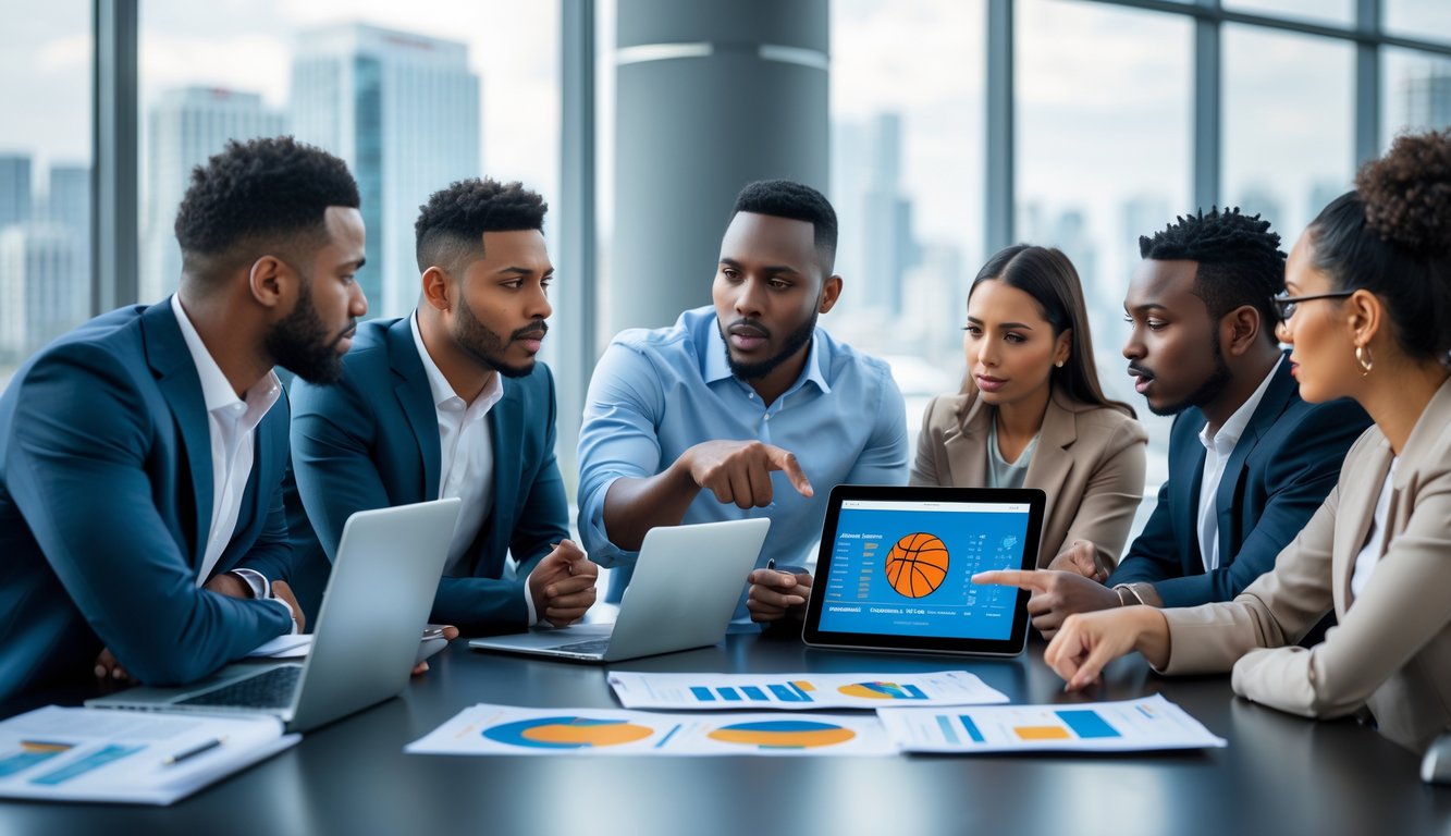 Sekelompok orang berdiskusi serius di meja konferensi dengan perangkat digital dan dokumen terkait taruhan bola basket.