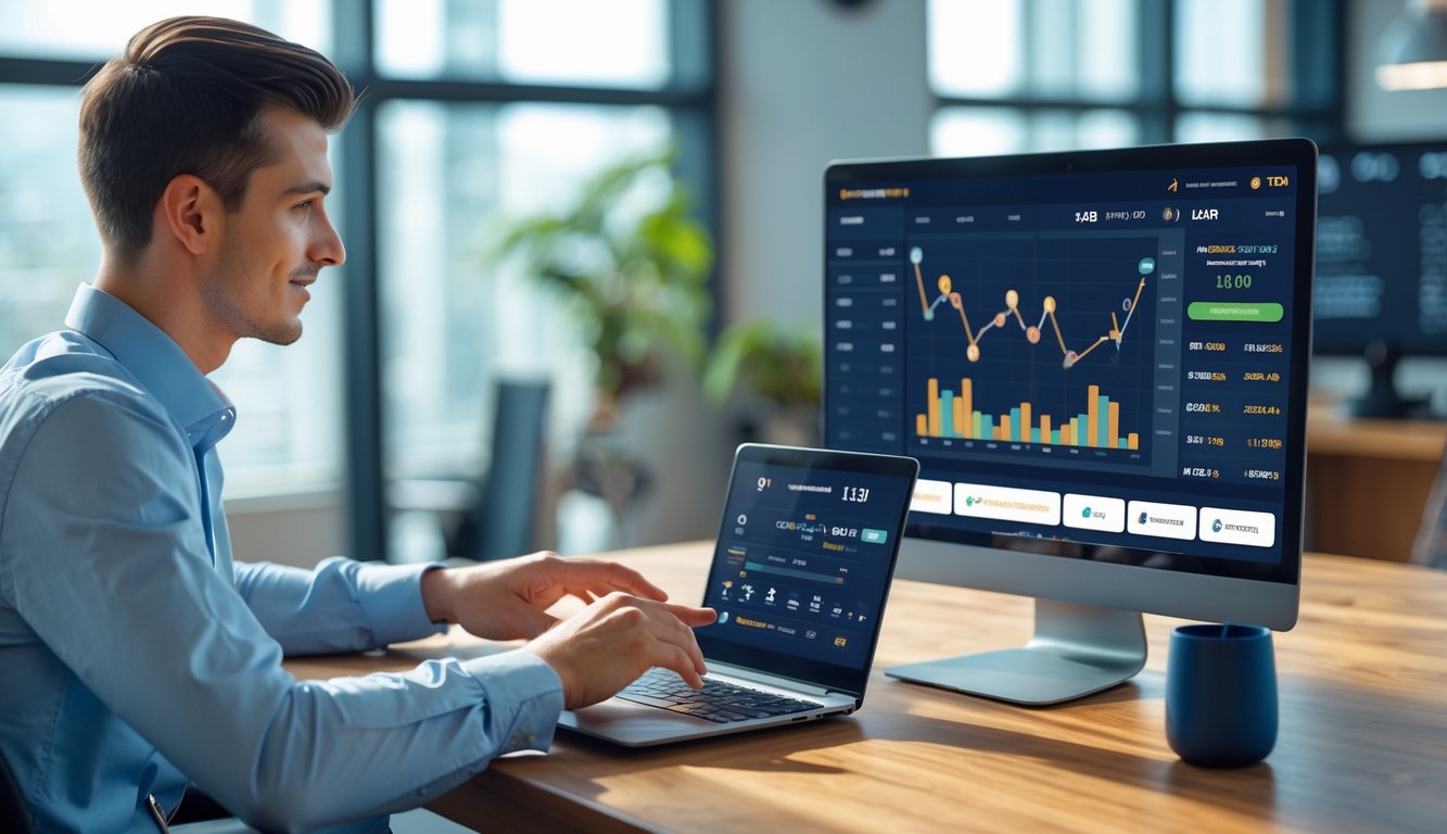 Seorang pria muda menggunakan laptop dan ponsel di meja kayu di kantor modern dengan tampilan platform taruhan bola basket online.