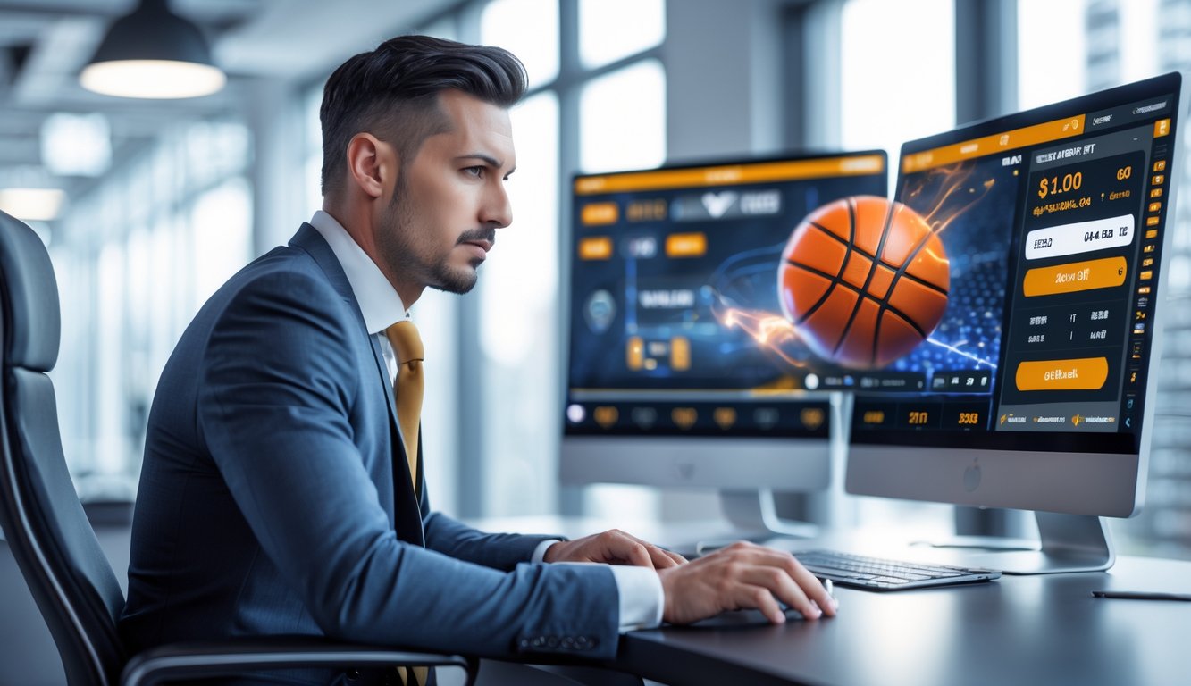 Seorang pria percaya diri duduk di meja kantor modern dengan layar komputer yang menampilkan pertandingan basket dan grafik taruhan.