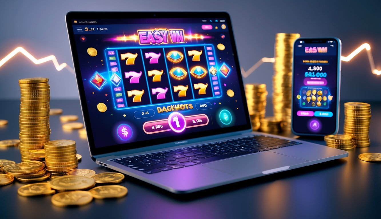 Seseorang sedang bermain game slot online di laptop dengan koin emas dan chip kasino di sekitarnya.