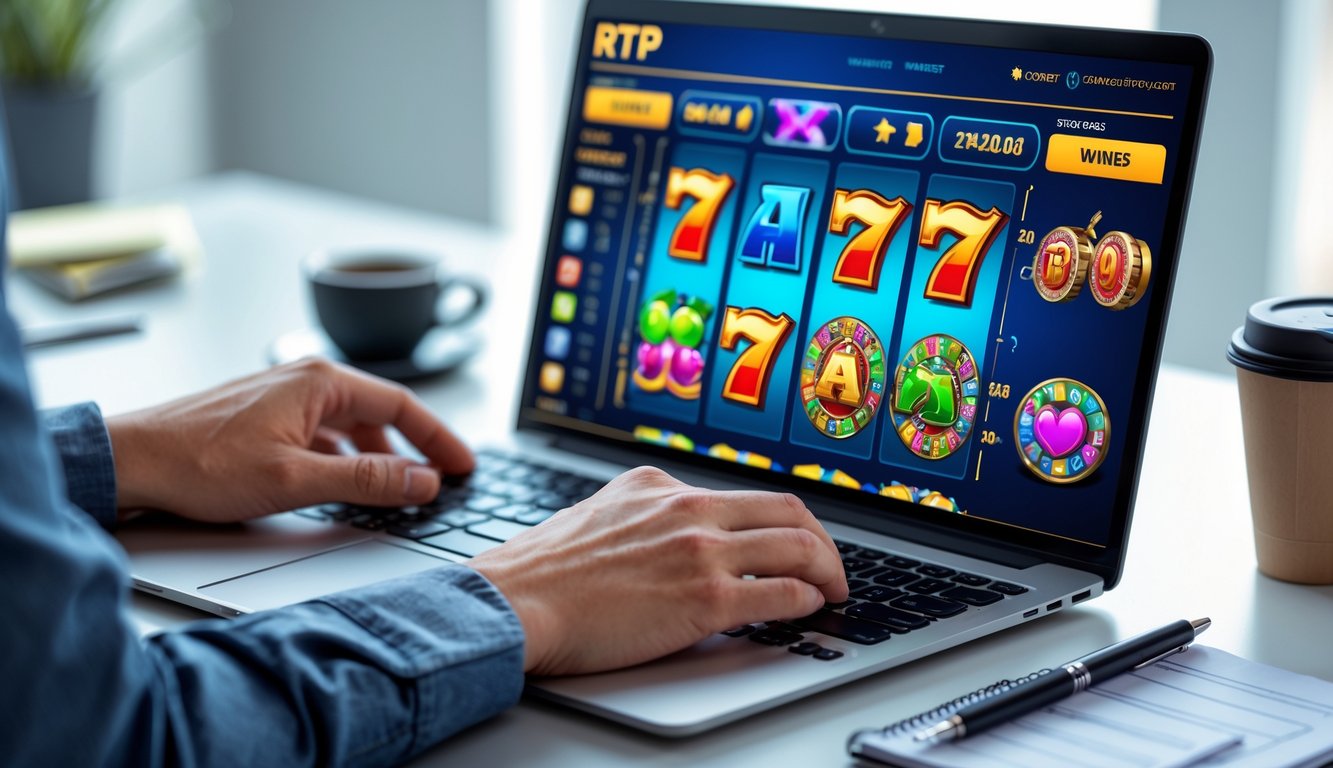 Meja kerja dengan laptop yang menampilkan permainan slot online berwarna-warni, tangan seseorang sedang menggunakan laptop, dengan catatan dan cangkir kopi di sekitarnya.