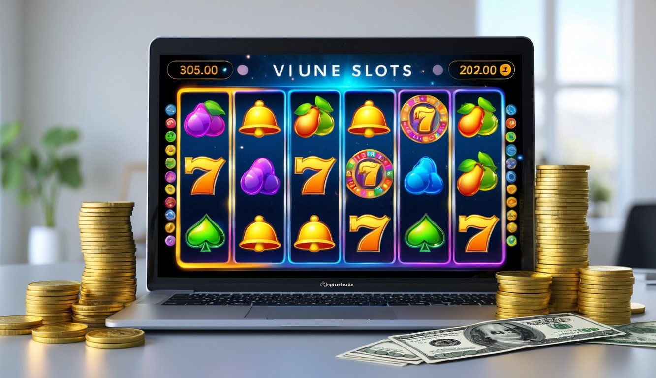 Sebuah komputer menampilkan permainan slot online dengan simbol berwarna cerah dan tumpukan chip kasino serta koin emas di sekitarnya.
