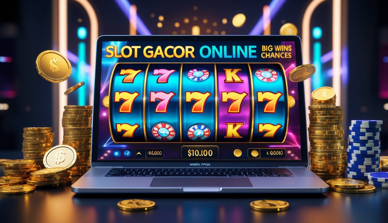 Sebuah komputer dengan layar menampilkan permainan mesin slot online yang berwarna-warni dan koin emas di sekitarnya.
