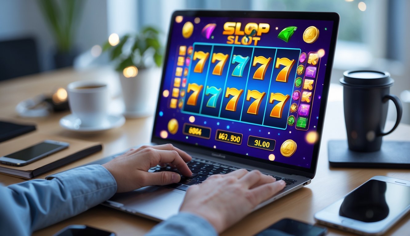 Seorang pemain menggunakan komputer dengan layar menampilkan permainan slot online yang berwarna-warni di meja kerja yang rapi.