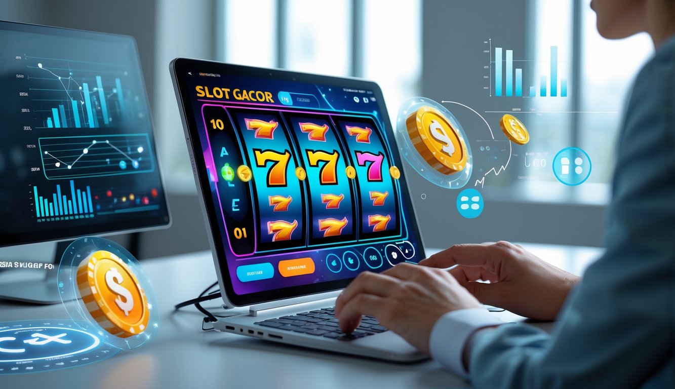 Tangan seseorang menggunakan laptop dengan tampilan mesin slot berwarna-warni di layar, dikelilingi oleh grafik dan ikon yang menunjukkan data dan peluang menang.