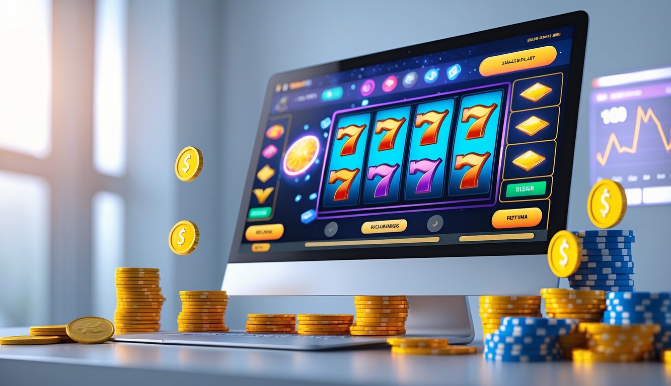 Sebuah meja kerja dengan komputer yang menampilkan permainan slot online berwarna-warni dan koin serta tumpukan chip di sekitarnya.