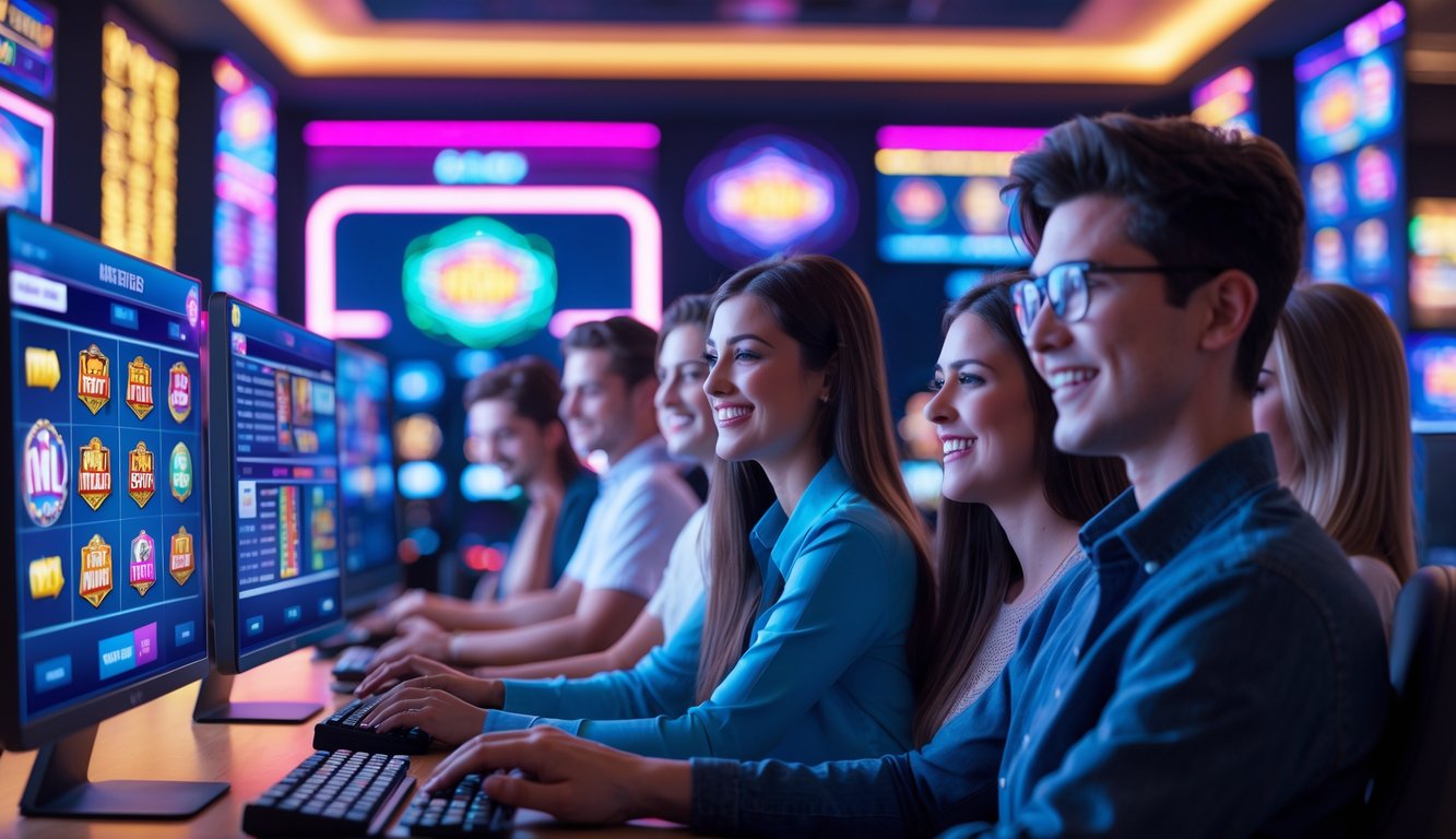 Sekelompok orang muda bermain game slot online di komputer dan ponsel di ruangan terang dengan suasana fokus dan senang.