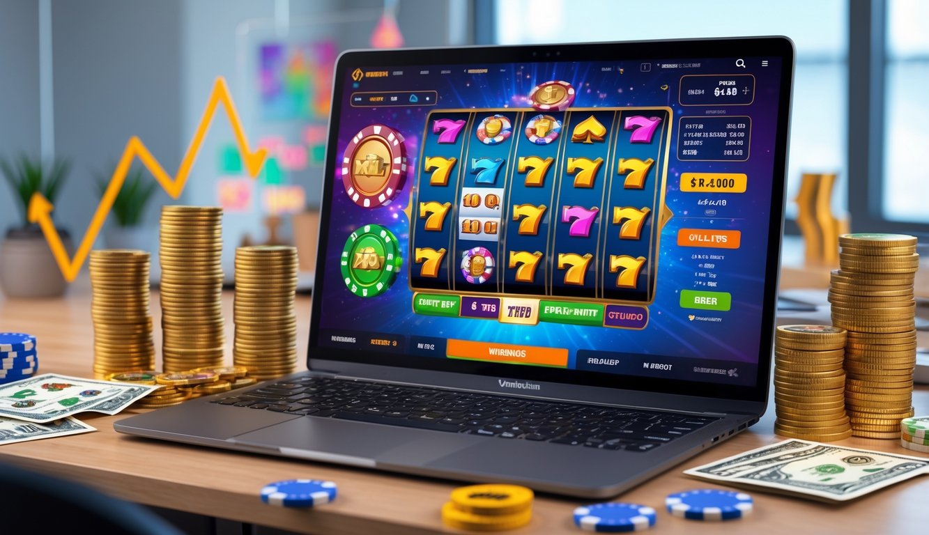 Sebuah meja kerja dengan komputer yang menampilkan permainan slot online dan tumpukan koin serta grafik keuntungan di sekitarnya.