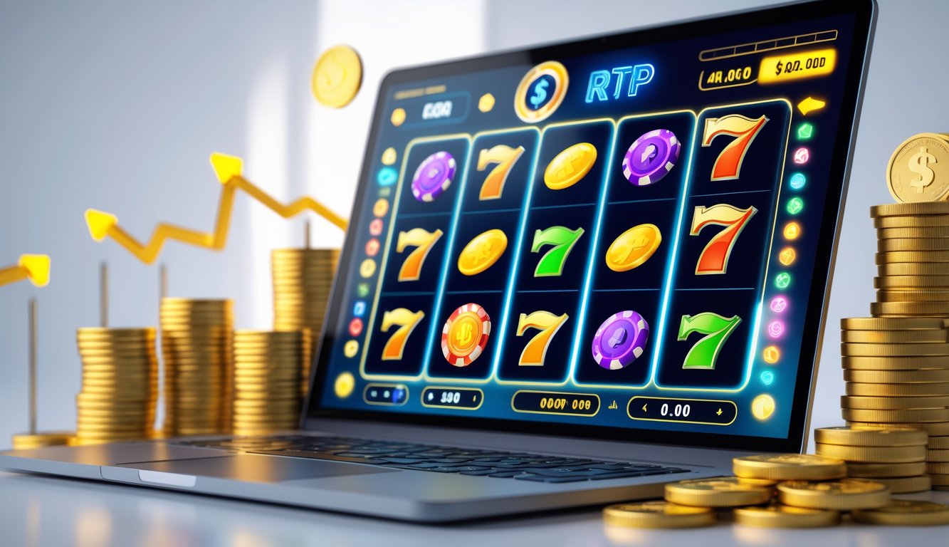 Layar komputer menampilkan mesin slot online dengan simbol warna-warni dan tumpukan koin emas di sekitarnya.