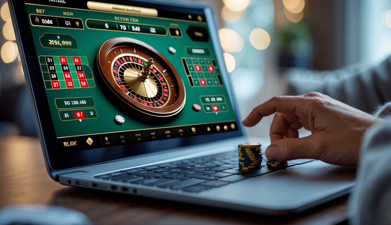 Seseorang sedang bermain roulette online di komputer dengan tampilan roda roulette dan chip taruhan di layar.
