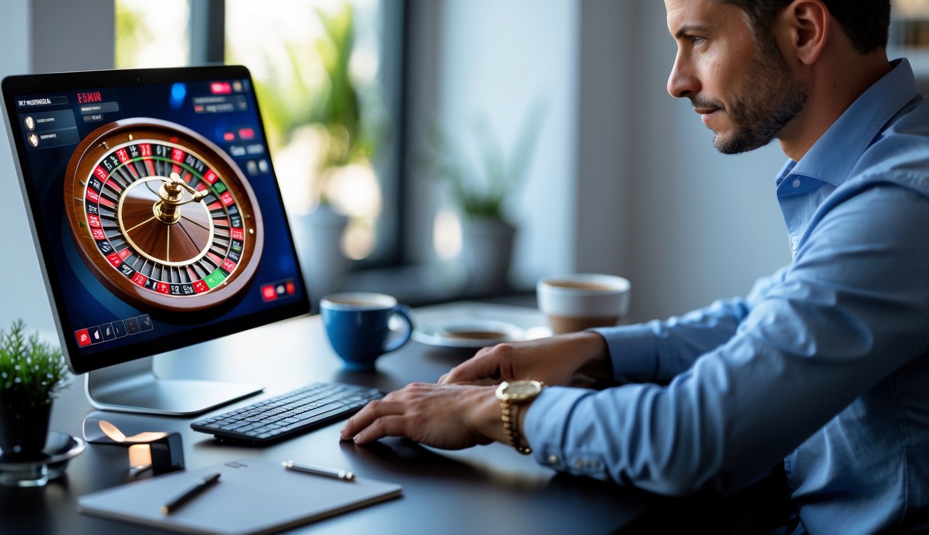 Seorang pemain fokus menggunakan komputer untuk bermain live roulette online dengan roda roulette berputar di layar.