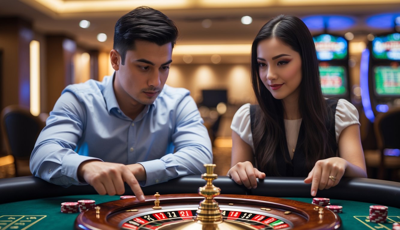 Seorang pria dan wanita duduk di meja kasino dengan roda roulette yang sedang berputar, fokus dan serius bermain bersama.
