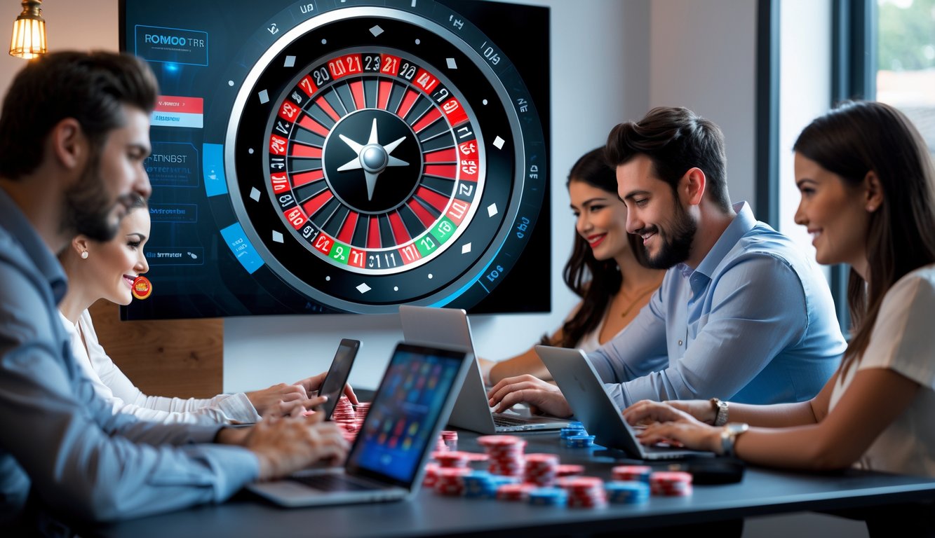 Beberapa orang bermain roulette online dengan laptop dan ponsel di ruangan yang terang dan nyaman.