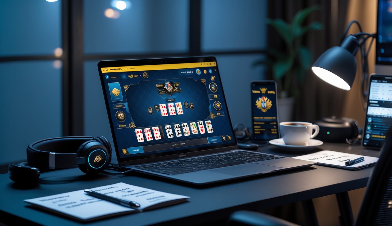 Seorang pemain sedang bermain game kartu online di laptop di meja kerja dengan aksesori gaming dan suasana ruangan yang nyaman.