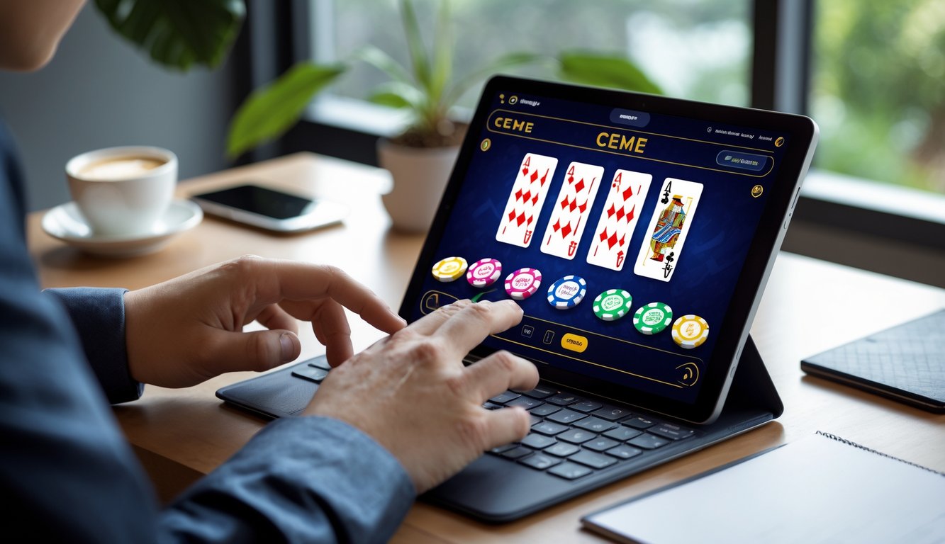 Seseorang bermain permainan kartu Ceme secara online menggunakan laptop di meja kerja dengan kartu dan chip terlihat di layar.